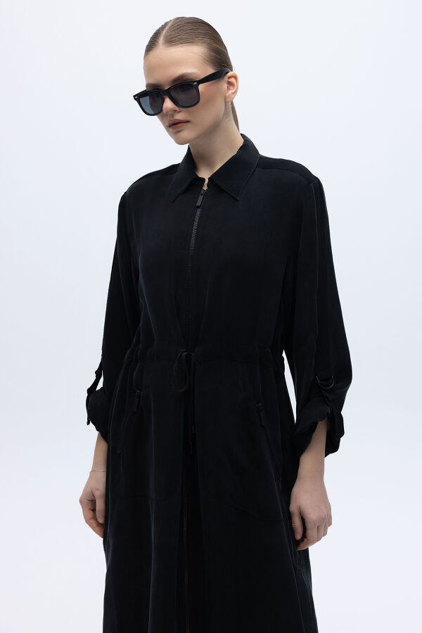 Fermuarlı Beli Büzgülü Cupro Ceket Siyah - 2