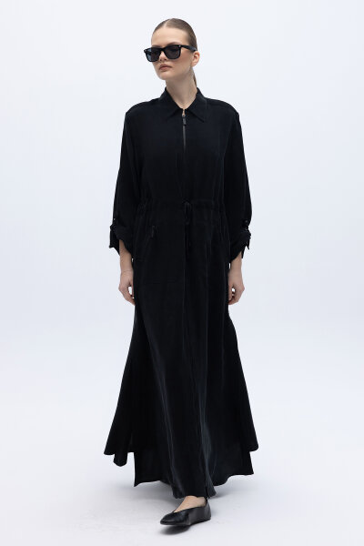 Fermuarlı Beli Büzgülü Cupro Ceket Siyah - 4