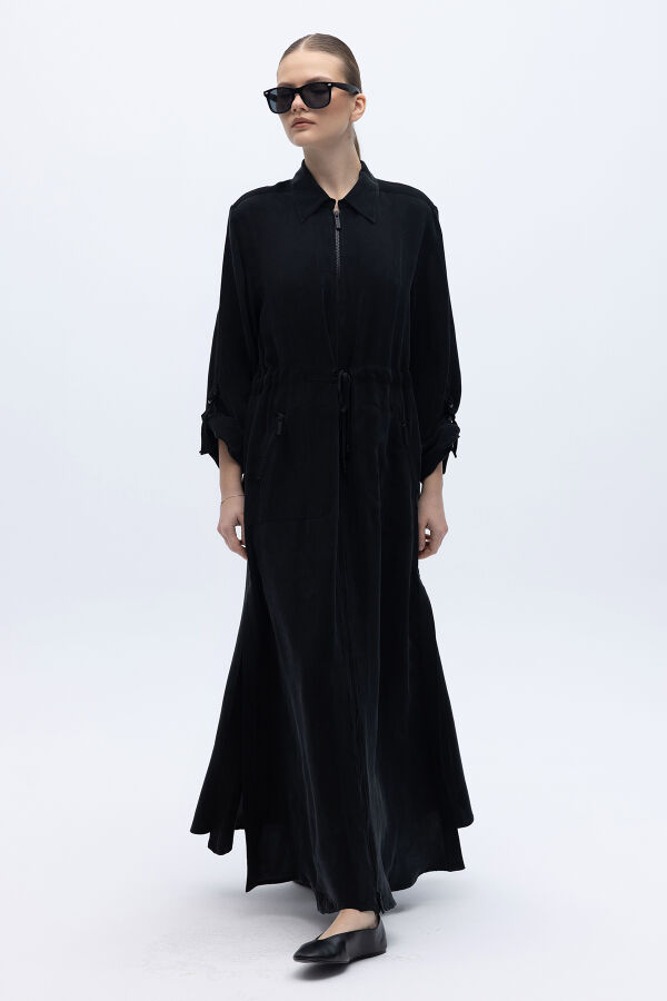 Fermuarlı Beli Büzgülü Cupro Ceket Siyah - 4