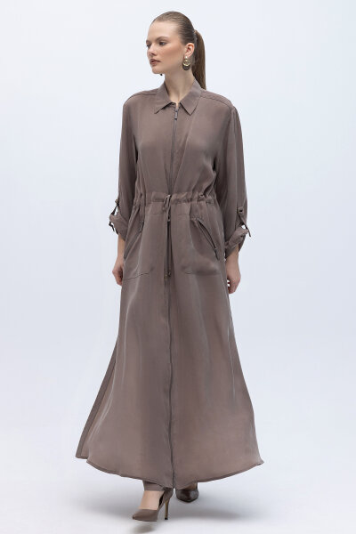 Fermuarlı Beli Büzgülü Cupro Ceket Kahverengi Pudra 