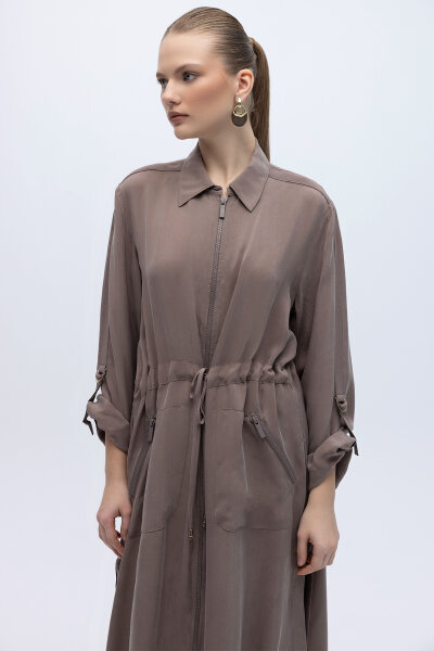 Fermuarlı Beli Büzgülü Cupro Ceket Kahverengi Pudra - 2