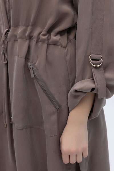 Fermuarlı Beli Büzgülü Cupro Ceket Kahverengi Pudra - 3