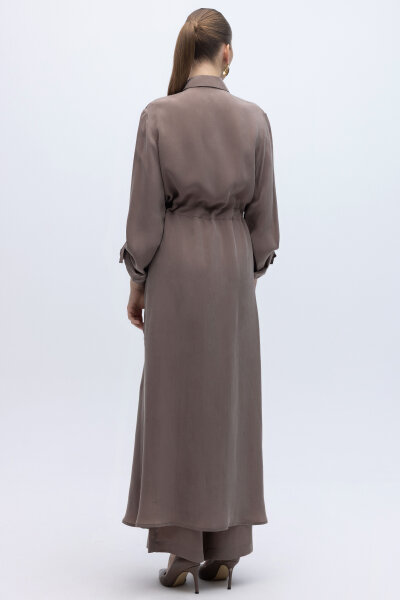 Fermuarlı Beli Büzgülü Cupro Ceket Kahverengi Pudra - 4