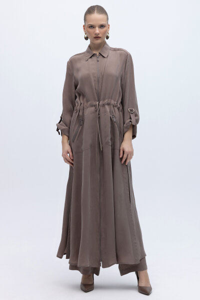 Fermuarlı Beli Büzgülü Cupro Ceket Kahverengi Pudra - 5