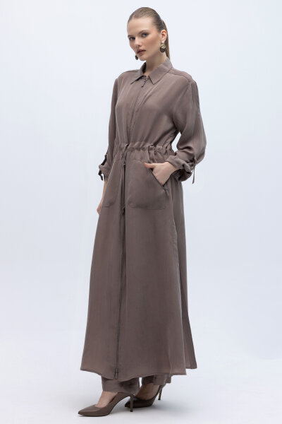 Fermuarlı Beli Büzgülü Cupro Ceket Kahverengi Pudra - 6