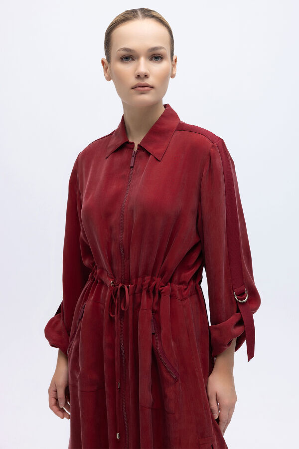 Fermuarlı Beli Büzgülü Cupro Ceket Cherry - 2