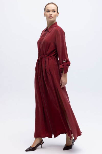 Fermuarlı Beli Büzgülü Cupro Ceket Cherry - 3