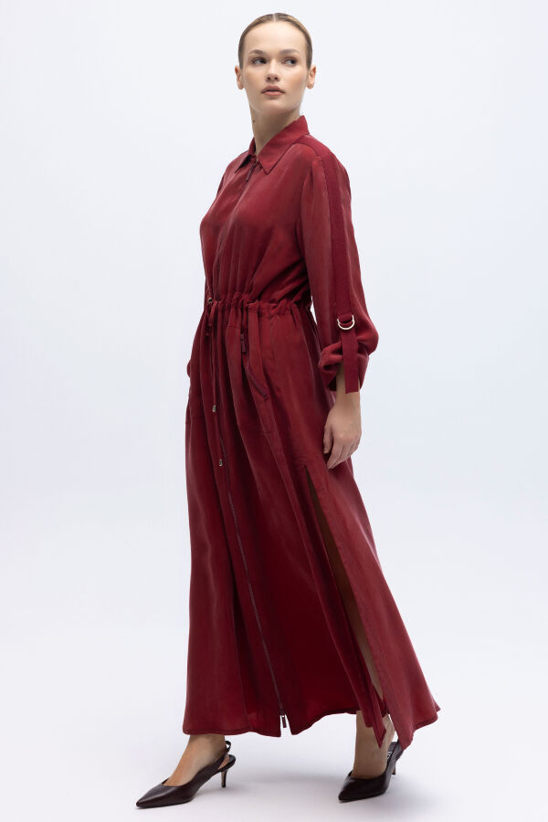 Fermuarlı Beli Büzgülü Cupro Ceket Cherry - 3