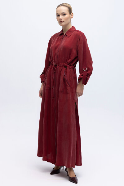 Fermuarlı Beli Büzgülü Cupro Ceket Cherry - 4