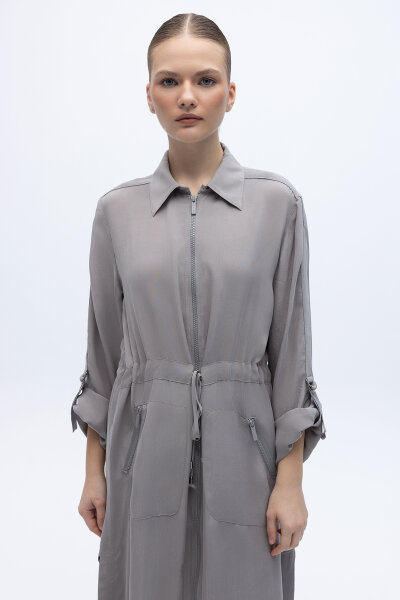 Fermuarlı Beli Büzgülü Cupro Ceket Gri - 2