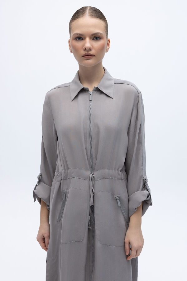 Fermuarlı Beli Büzgülü Cupro Ceket Gri - 2