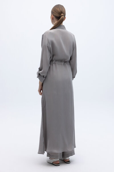 Fermuarlı Beli Büzgülü Cupro Ceket Gri - 3