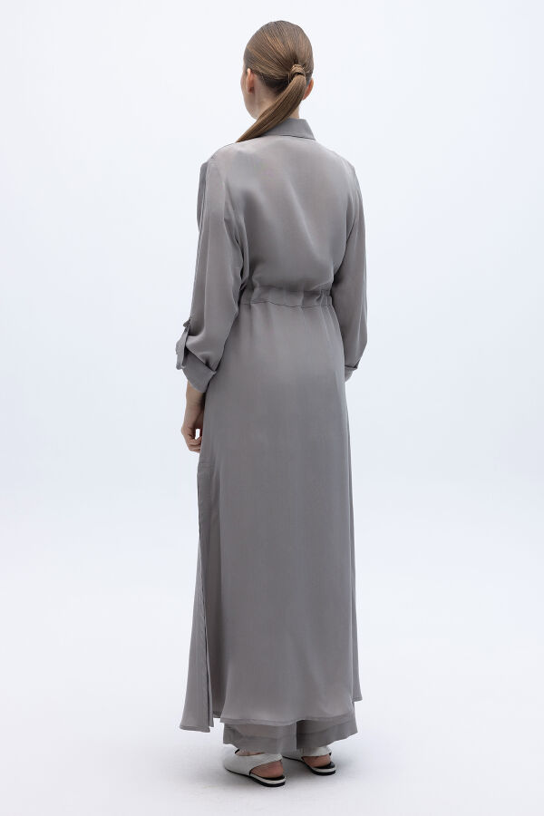Fermuarlı Beli Büzgülü Cupro Ceket Gri - 3