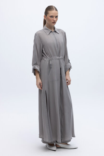 Fermuarlı Beli Büzgülü Cupro Ceket Gri - 4