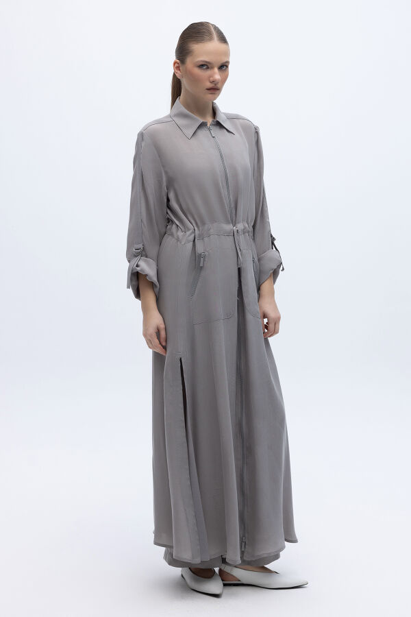 Fermuarlı Beli Büzgülü Cupro Ceket Gri - 4