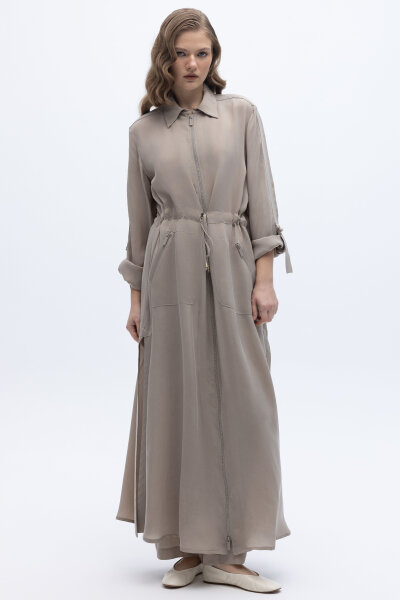 Fermuarlı Beli Büzgülü Cupro Ceket Stone 