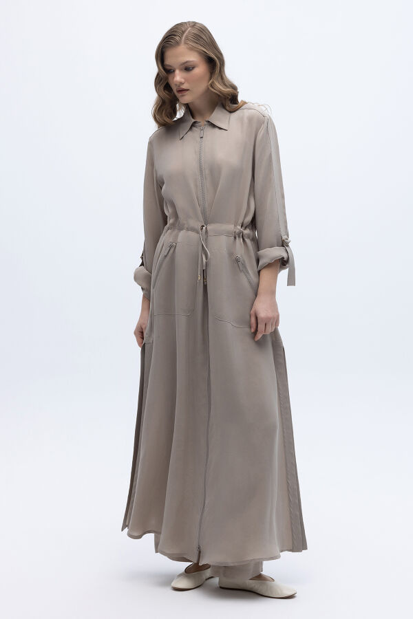 Fermuarlı Beli Büzgülü Cupro Ceket Stone - 2