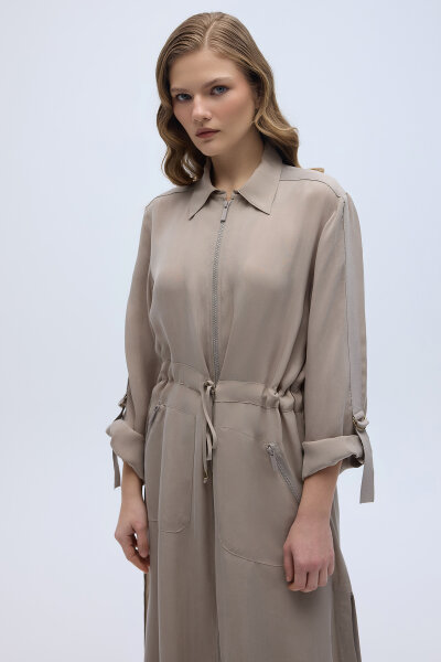 Fermuarlı Beli Büzgülü Cupro Ceket Stone - 3