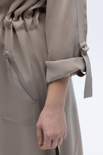 Fermuarlı Beli Büzgülü Cupro Ceket Stone - 4