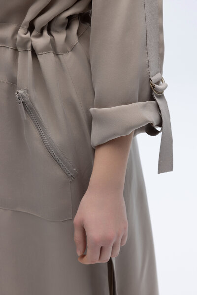 Fermuarlı Beli Büzgülü Cupro Ceket Stone - 5