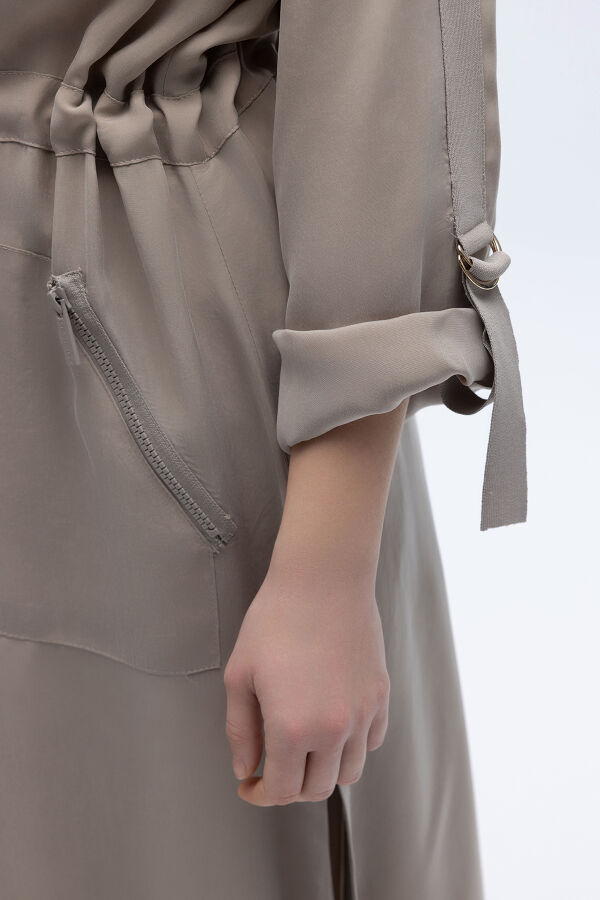 Fermuarlı Beli Büzgülü Cupro Ceket Stone - 5
