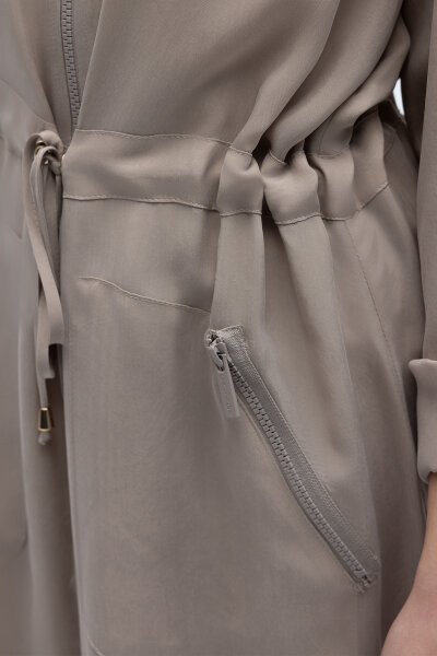 Fermuarlı Beli Büzgülü Cupro Ceket Stone - 6