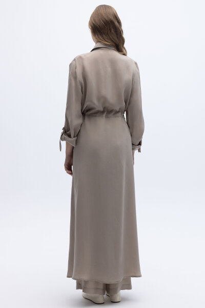Fermuarlı Beli Büzgülü Cupro Ceket Stone - 7