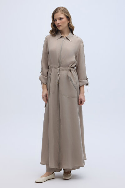 Fermuarlı Beli Büzgülü Cupro Ceket Stone - 8