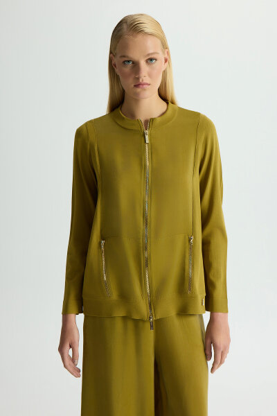 Zippered Cupro Detailed Knit Jacket 
