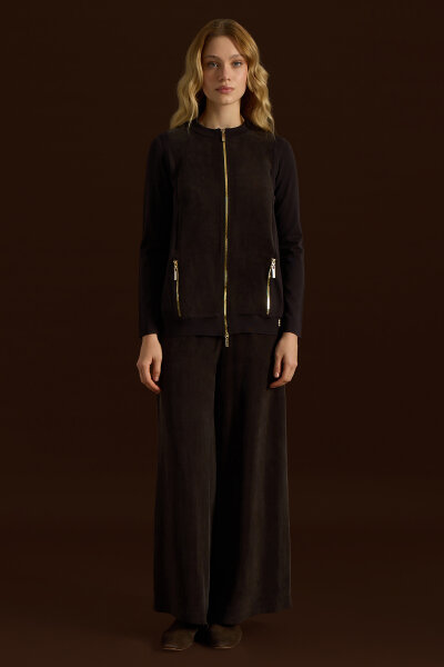 Fermuarlı Cupro Detaylı Triko Ceket Kahverengi - 3