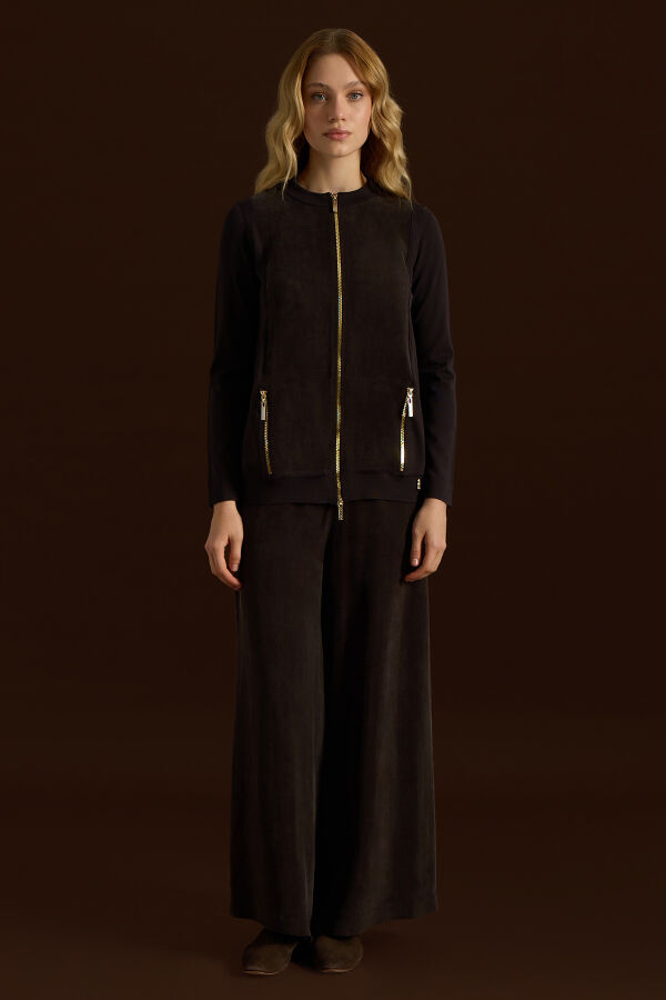 Fermuarlı Cupro Detaylı Triko Ceket Kahverengi - 3