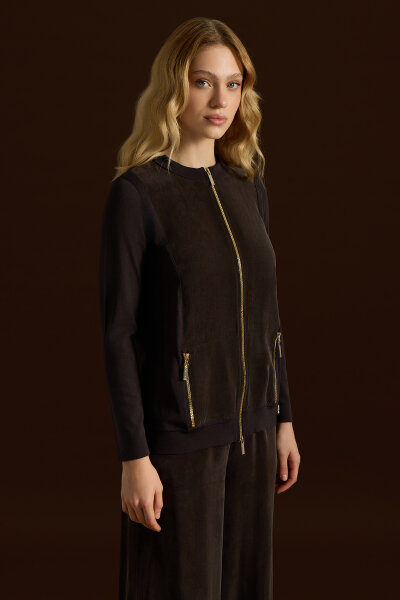 Fermuarlı Cupro Detaylı Triko Ceket Kahverengi - MISS DALIDA