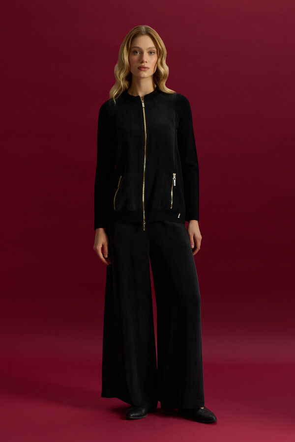 Fermuarlı Cupro Detaylı Triko Ceket Siyah - 2