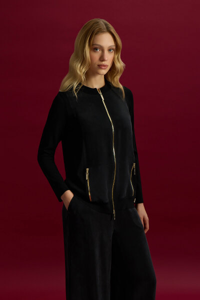 Fermuarlı Cupro Detaylı Triko Ceket Siyah 