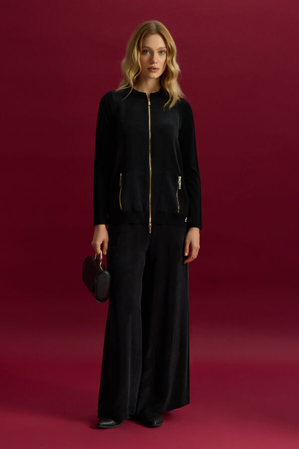 Fermuarlı Cupro Detaylı Triko Ceket Siyah - 3