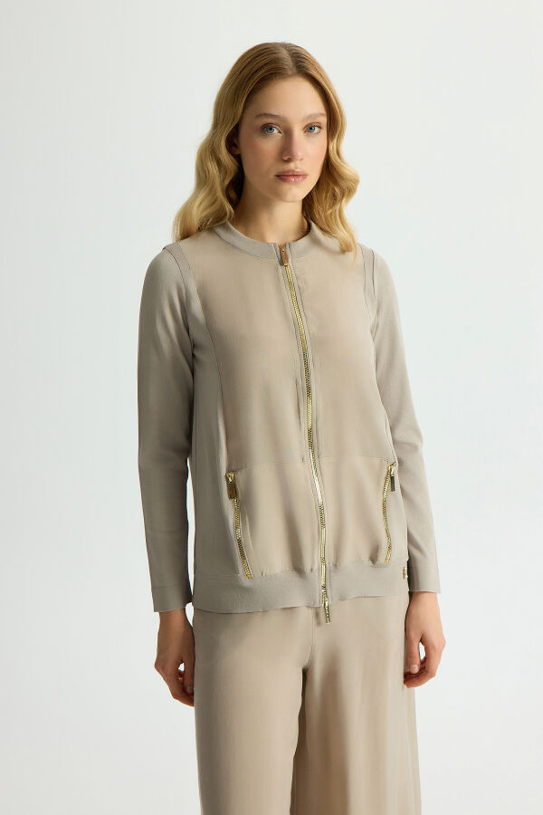 Fermuarlı Cupro Detaylı Triko Ceket Stone - 1