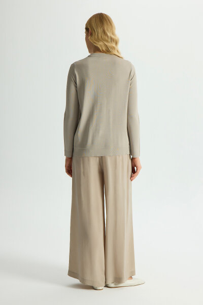 Fermuarlı Cupro Detaylı Triko Ceket Stone - 2