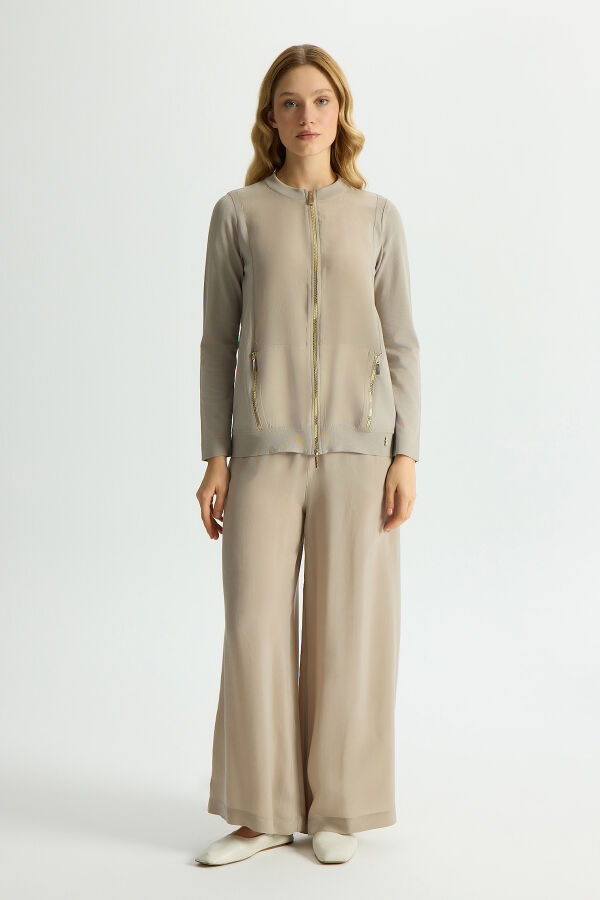 Fermuarlı Cupro Detaylı Triko Ceket Stone - 3