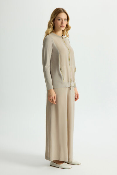 Fermuarlı Cupro Detaylı Triko Ceket Stone - 4