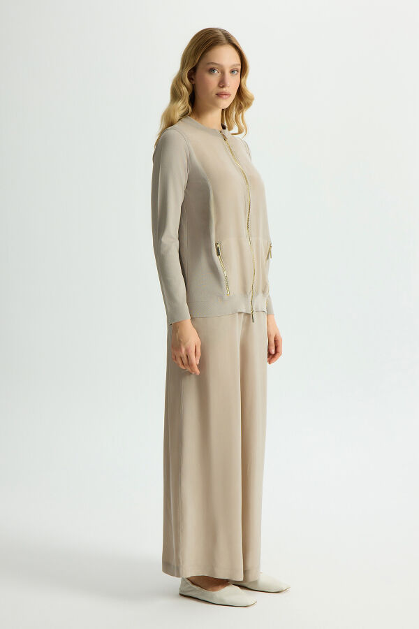 Fermuarlı Cupro Detaylı Triko Ceket Stone - 4