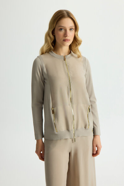 Zippered Cupro Detailed Knit Jacket 