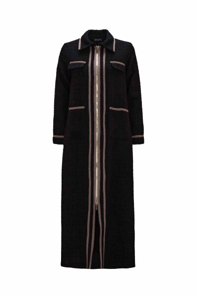 T26K-8009 Fermuarlı Uzun Tüvit Ceket BLACK - 1