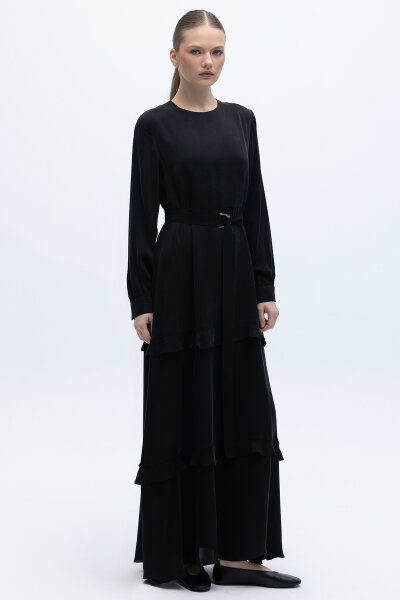 Fırfır Detaylı Uzun Cupro Elbise Siyah 