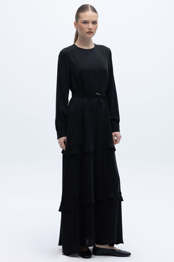Fırfır Detaylı Uzun Cupro Elbise Siyah - 1
