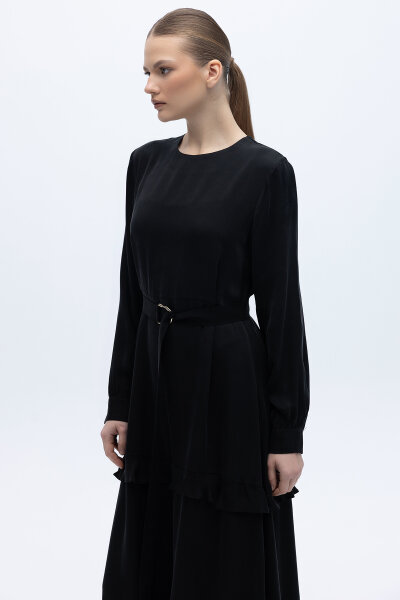 Fırfır Detaylı Uzun Cupro Elbise Siyah - 2