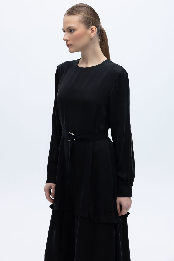 Fırfır Detaylı Uzun Cupro Elbise Siyah - 2