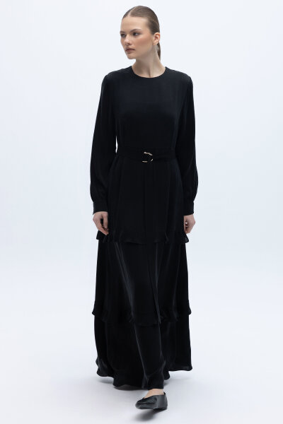 Fırfır Detaylı Uzun Cupro Elbise Siyah - 3