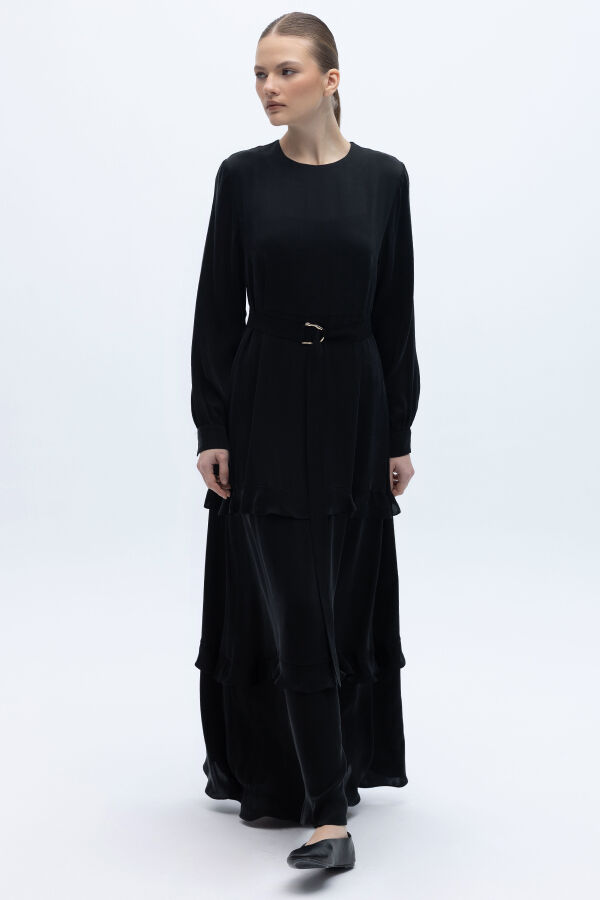 Fırfır Detaylı Uzun Cupro Elbise Siyah - 3