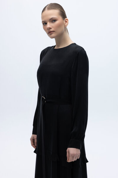 Fırfır Detaylı Uzun Cupro Elbise Siyah - 4