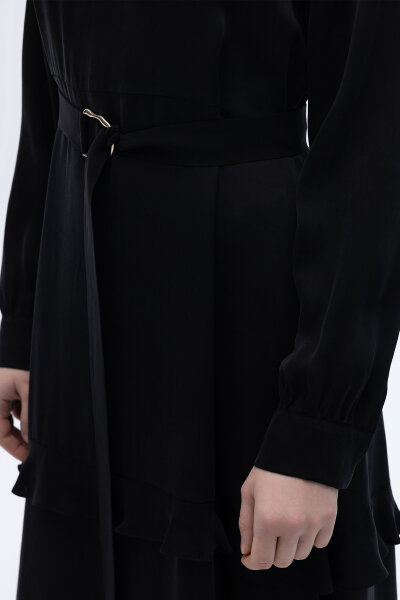 Fırfır Detaylı Uzun Cupro Elbise Siyah - 5